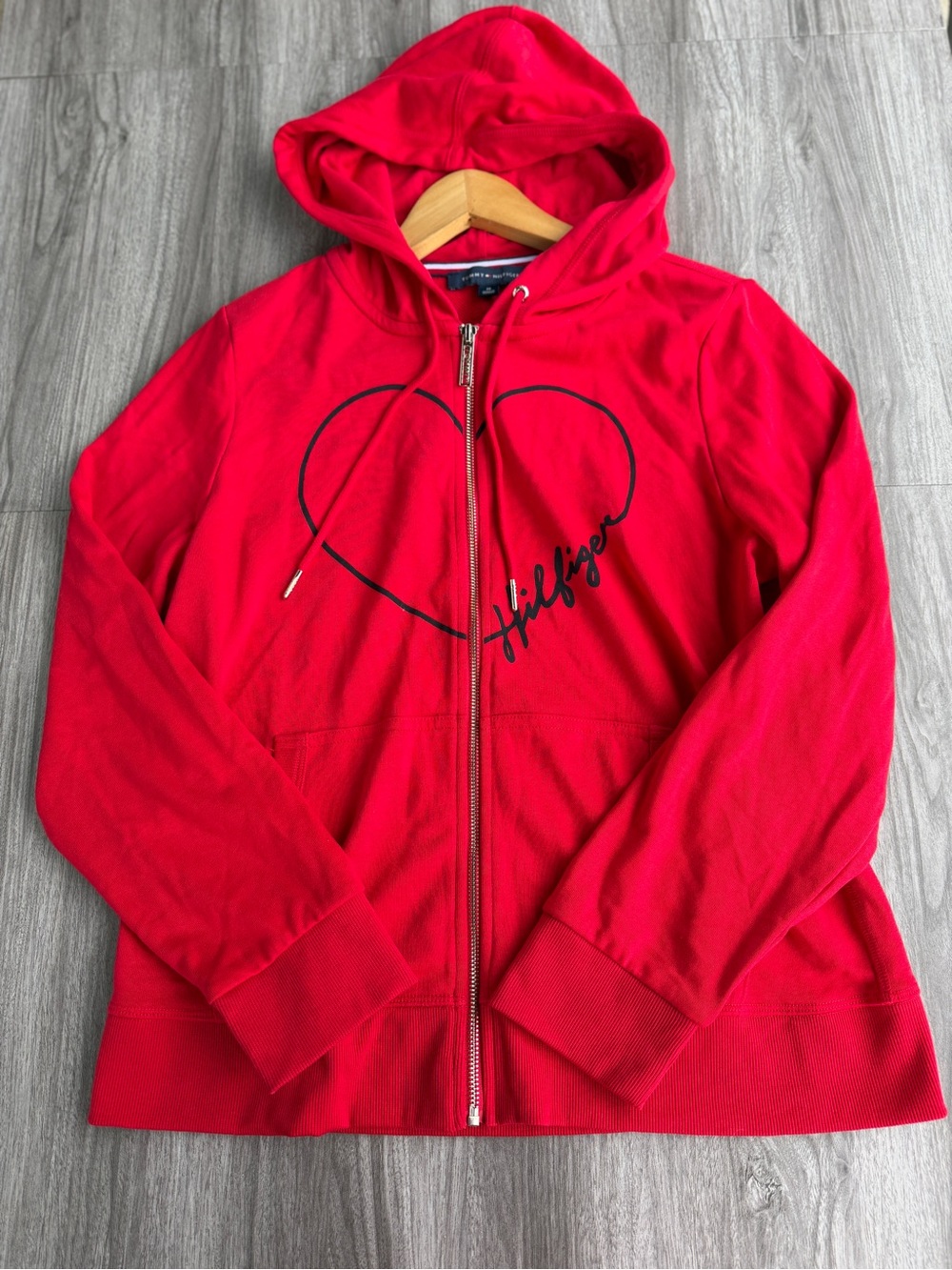 Tommy Hilfiger Womens Medium Red Full Zip Hoodie Heart Script Graphic Sweatshirt